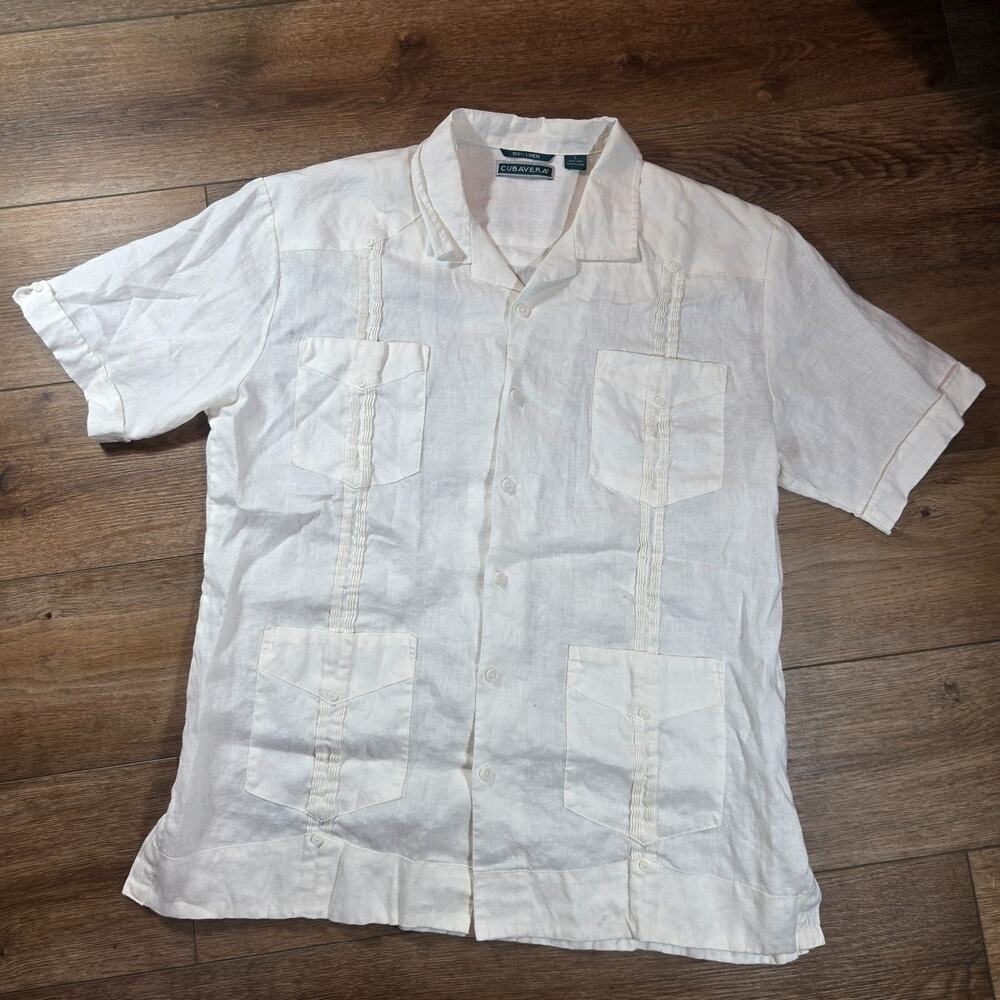 Cubavera Guayabera Shirt Mens L White 100% Linen Cuban Short Sleeve 4 Pocket